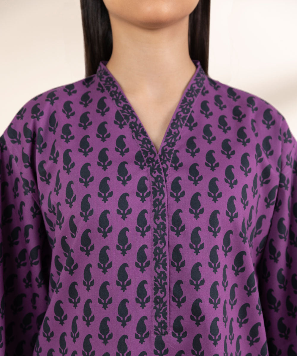 Unstitched Women's Printed Lawn Purple Shirt Dupatta