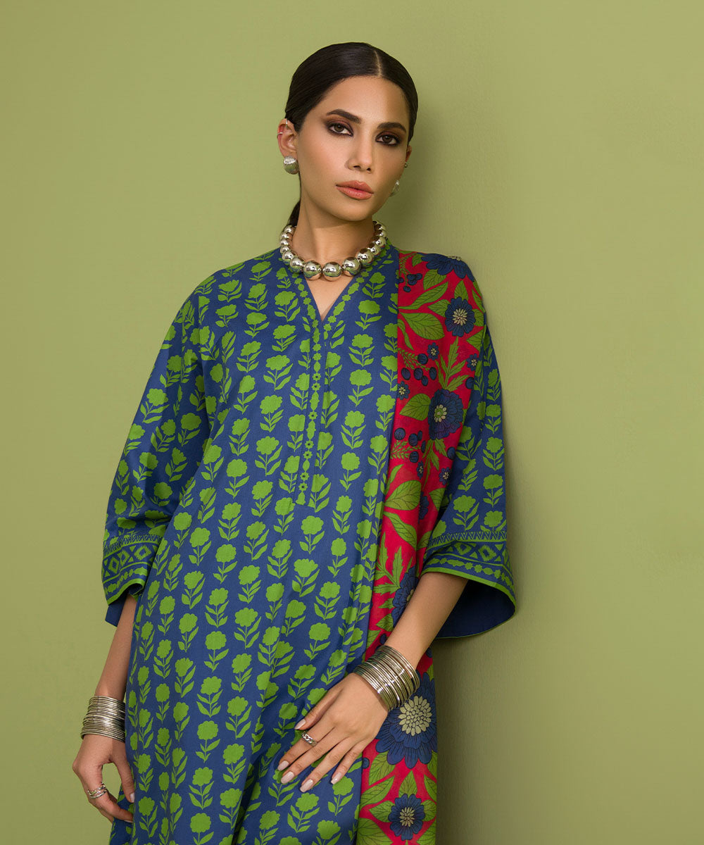 Unstitched Women's Printed Lawn Blue Shirt Dupatta