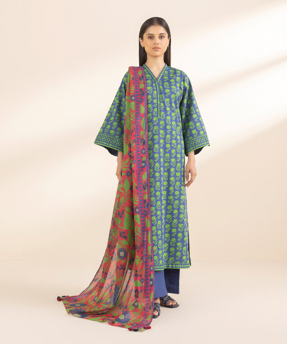Unstitched Women's Printed Lawn Blue Shirt Dupatta