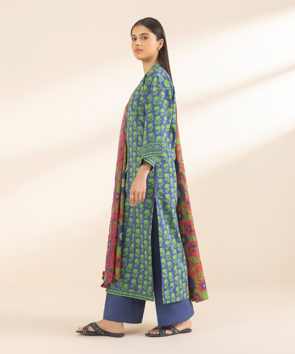 Unstitched Women's Printed Lawn Blue Shirt Dupatta