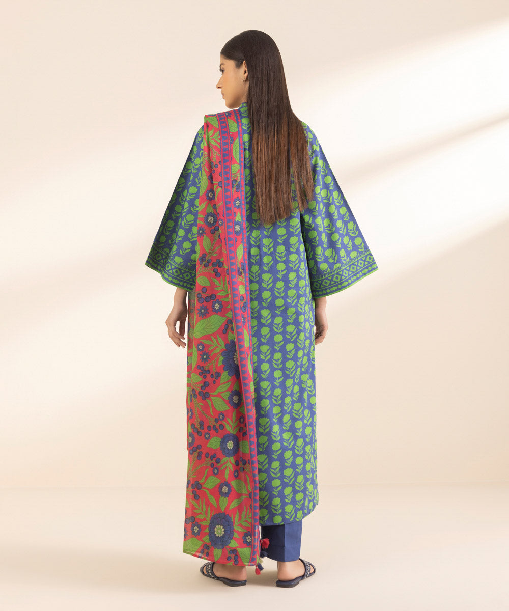 Unstitched Women's Printed Lawn Blue Shirt Dupatta