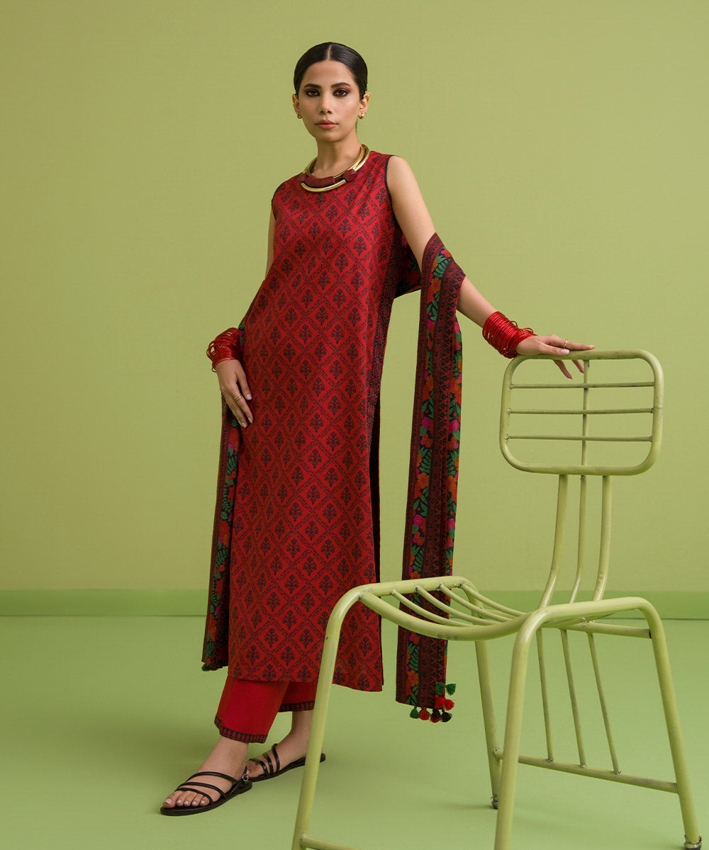 Unstitched Women's Printed Lawn Red Shirt Dupatta