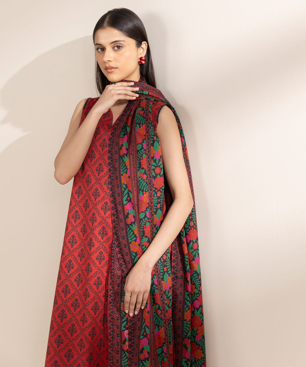 Unstitched Women's Printed Lawn Red Shirt Dupatta