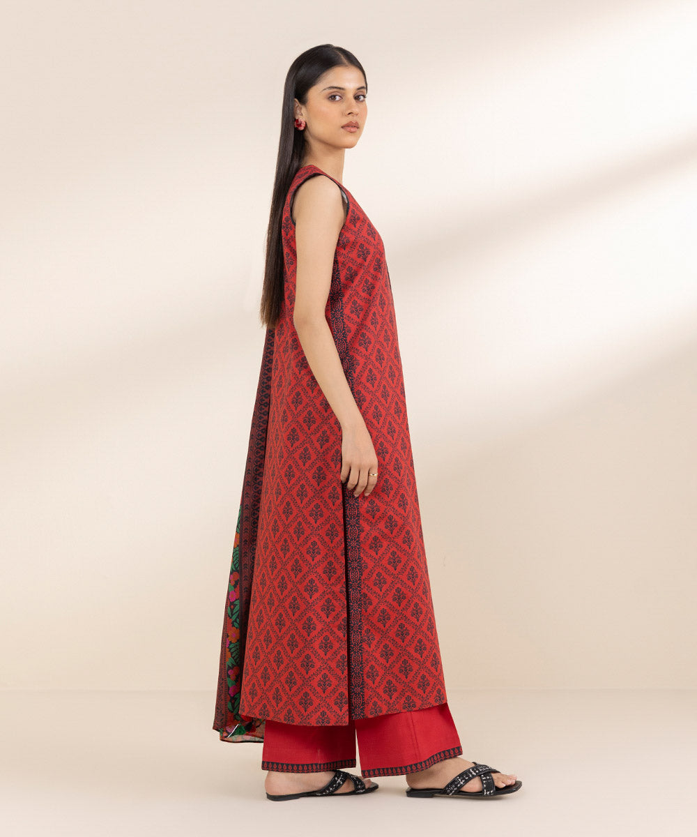 Unstitched Women's Printed Lawn Red Shirt Dupatta