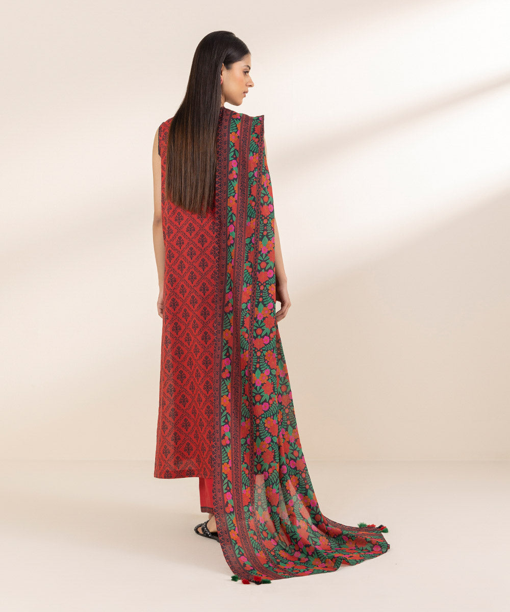Unstitched Women's Printed Lawn Red Shirt Dupatta