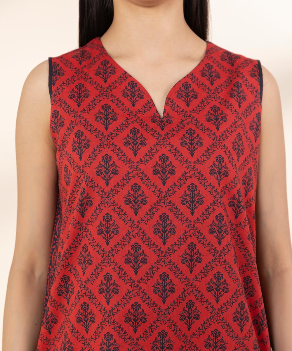 Unstitched Women's Printed Lawn Red Shirt Dupatta