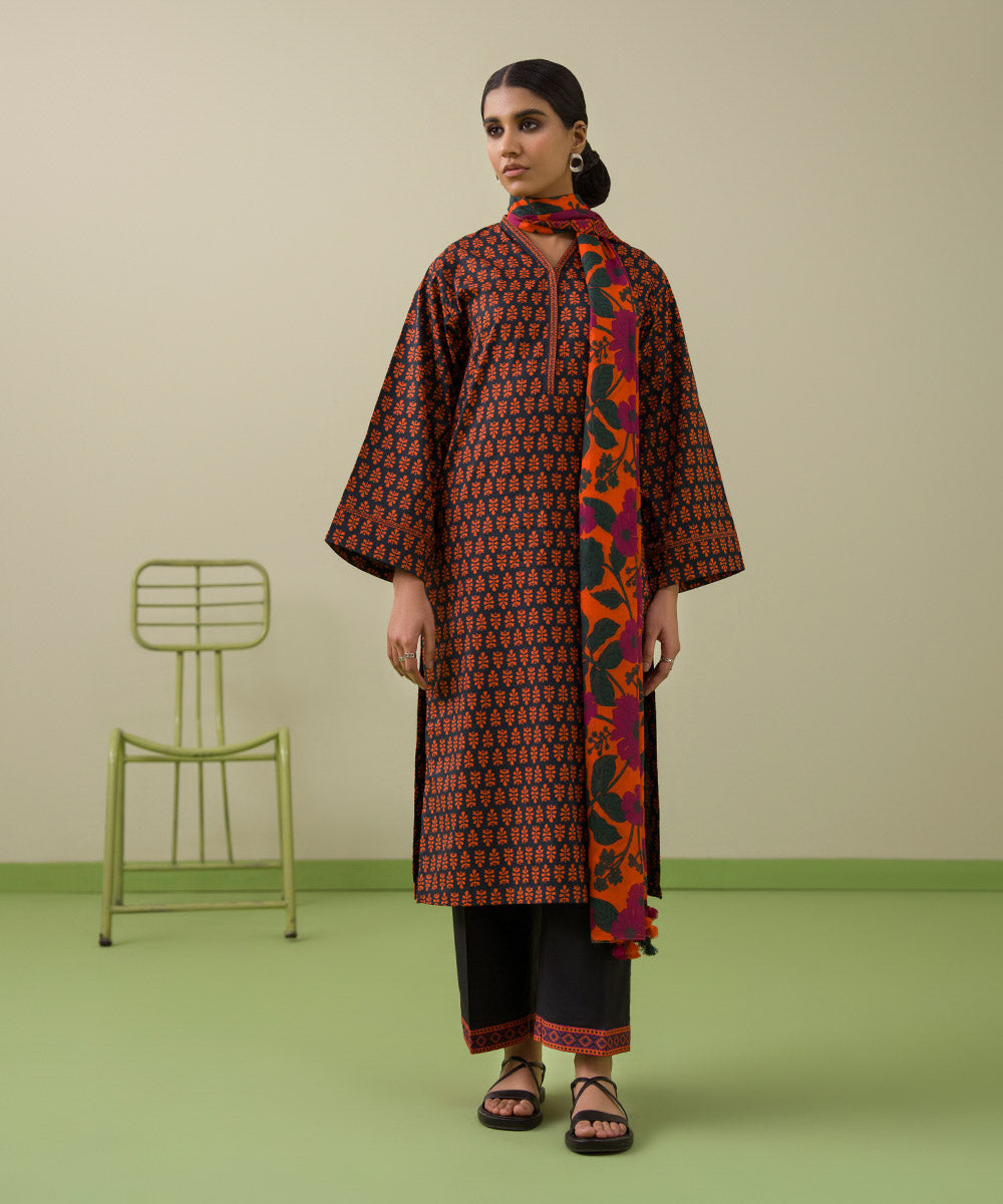 Unstitched Women's Printed Lawn Black Shirt Dupatta