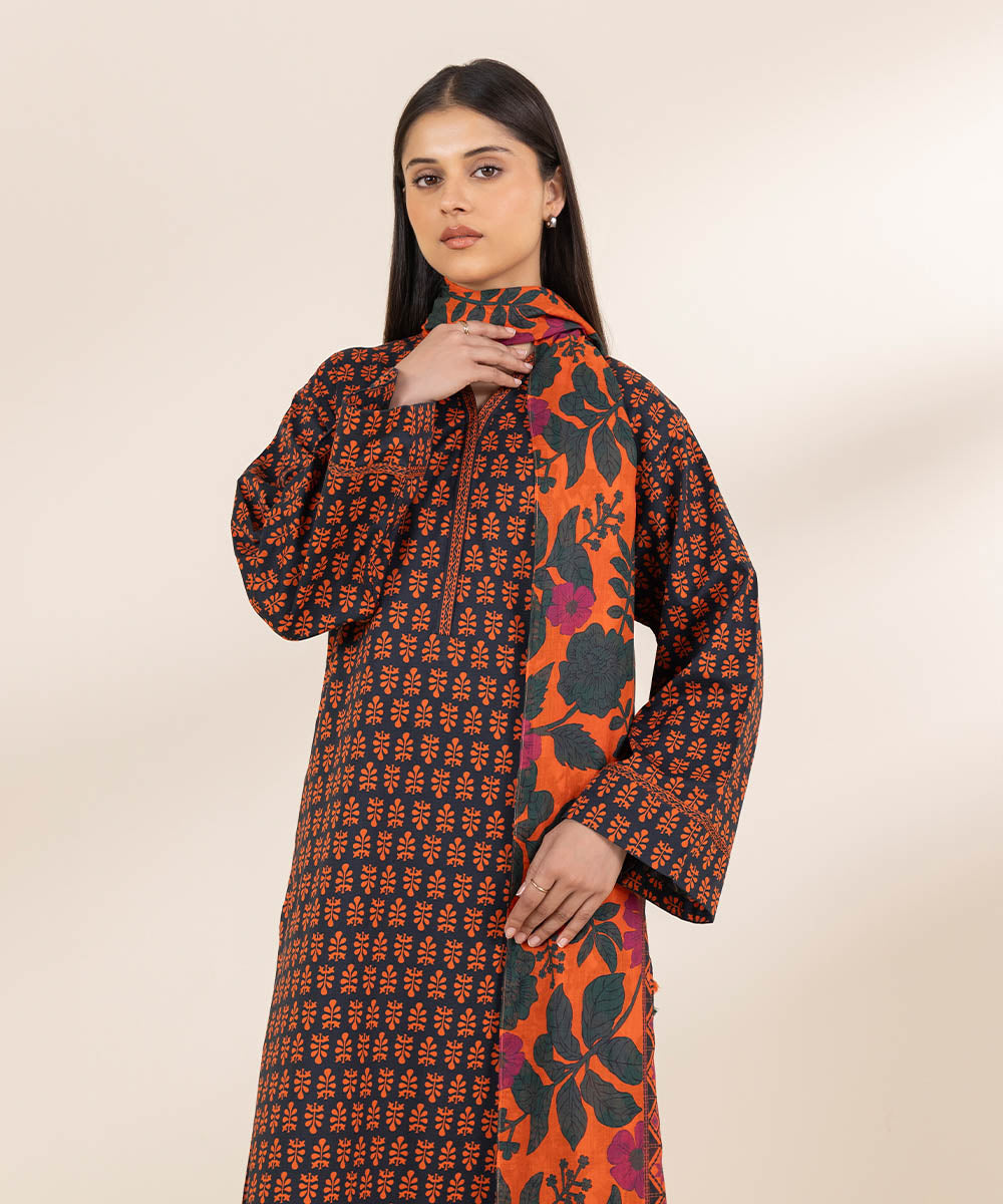 Unstitched Women's Printed Lawn Black Shirt Dupatta