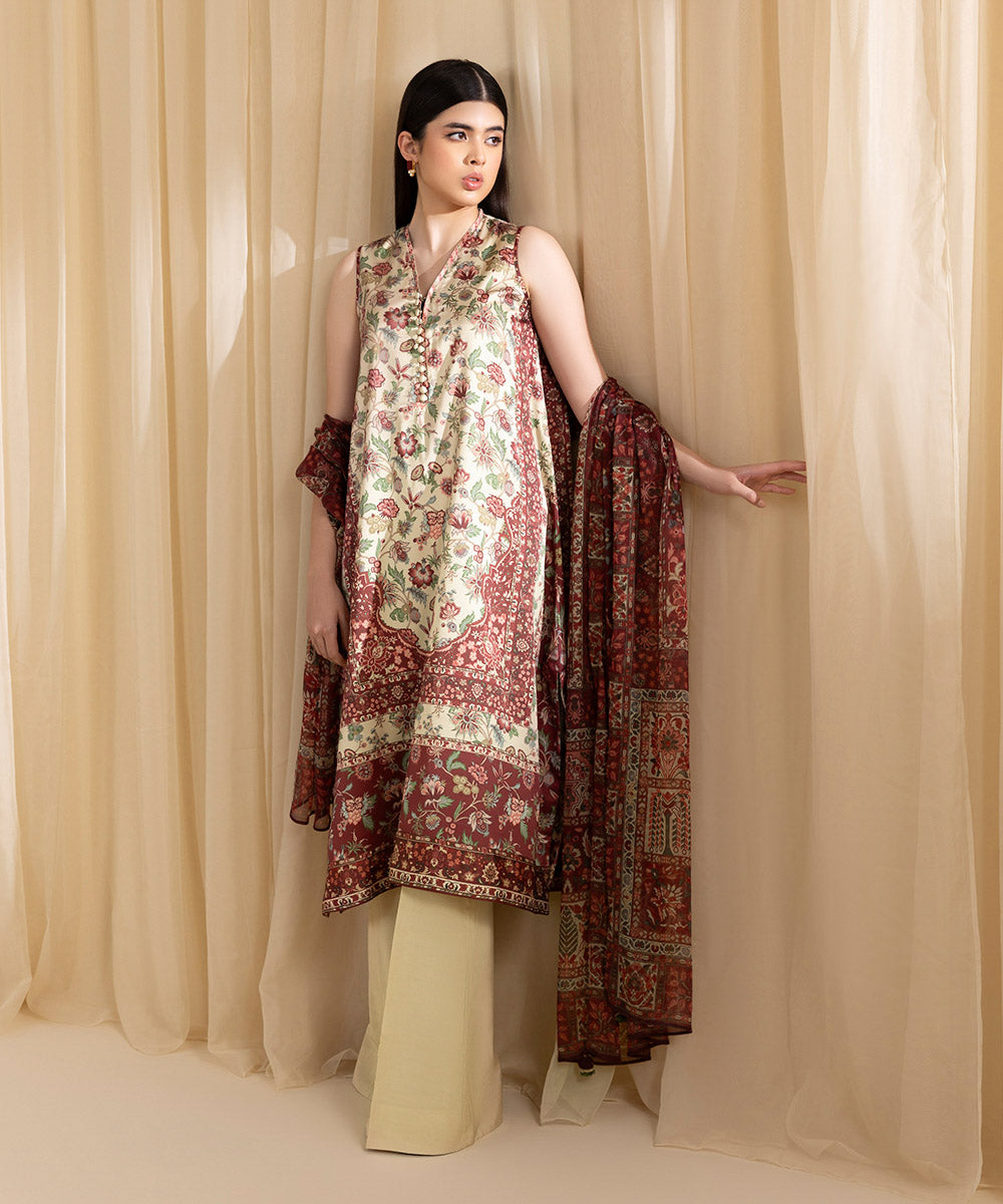 Women's Unstitched Printed Blended Satin Multi 3 Piece Suit