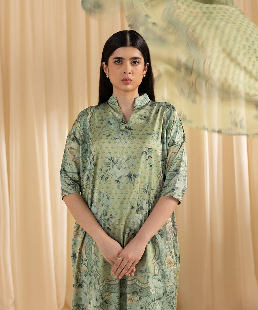 Women's Unstitched Printed Blended Satin Green 3 Piece Suit