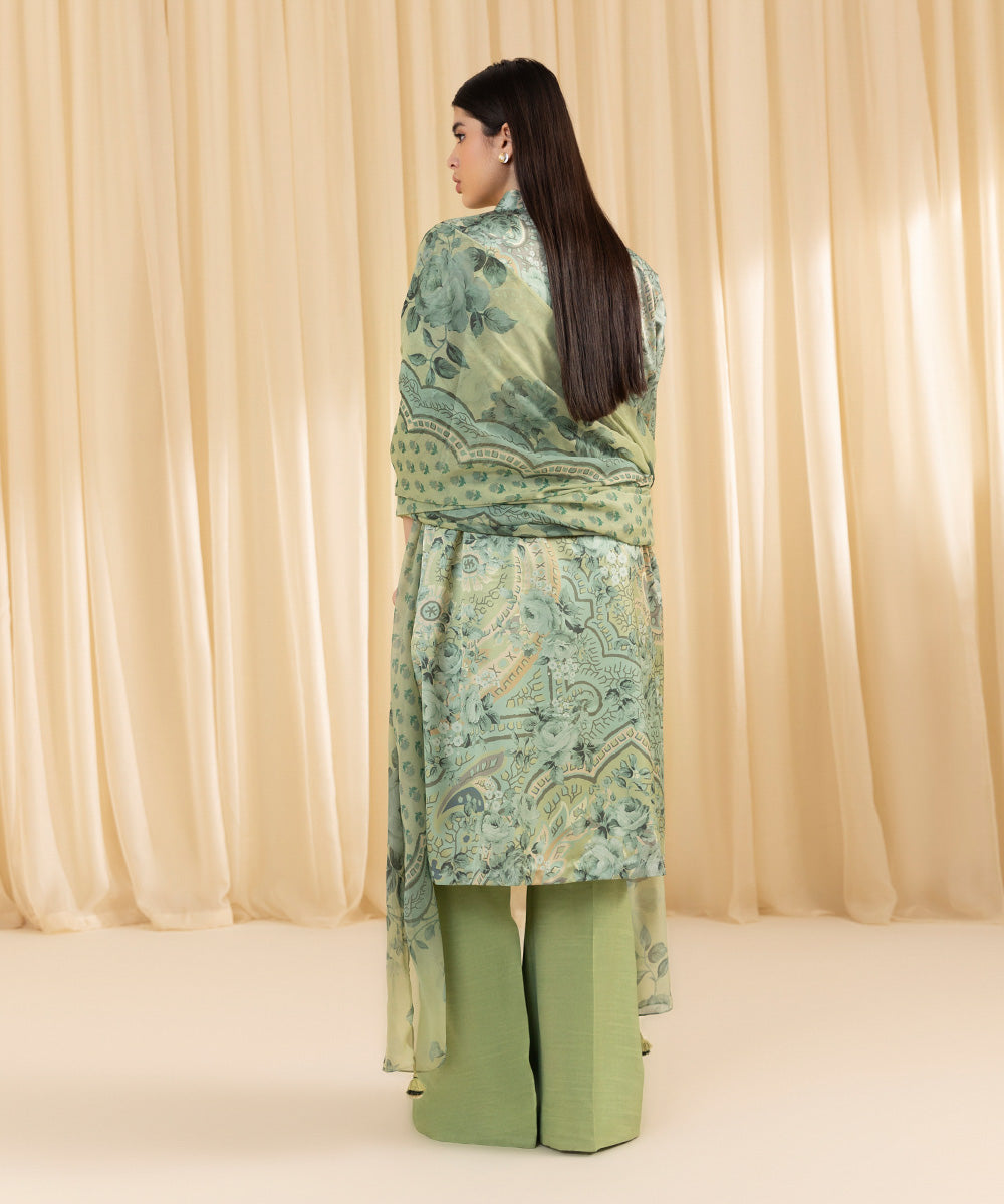 Women's Unstitched Printed Blended Satin Green 3 Piece Suit