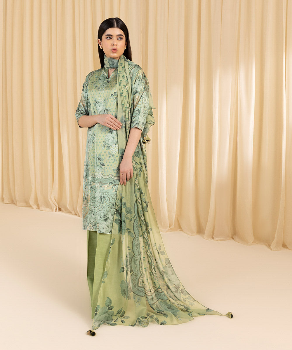 Women's Unstitched Printed Blended Satin Green 3 Piece Suit