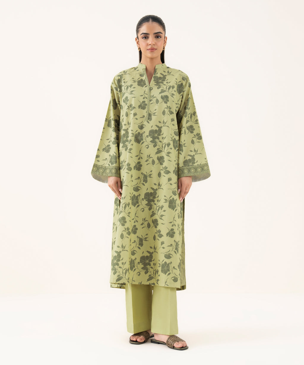Women's Unstitched Cotton Printed Green Two Piece Suit