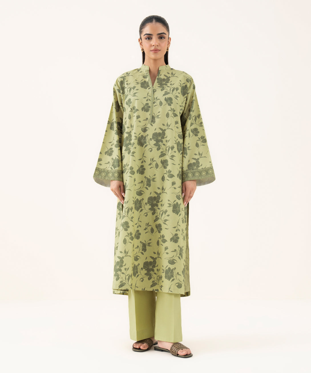 Women's Unstitched Cotton Printed Green Two Piece Suit