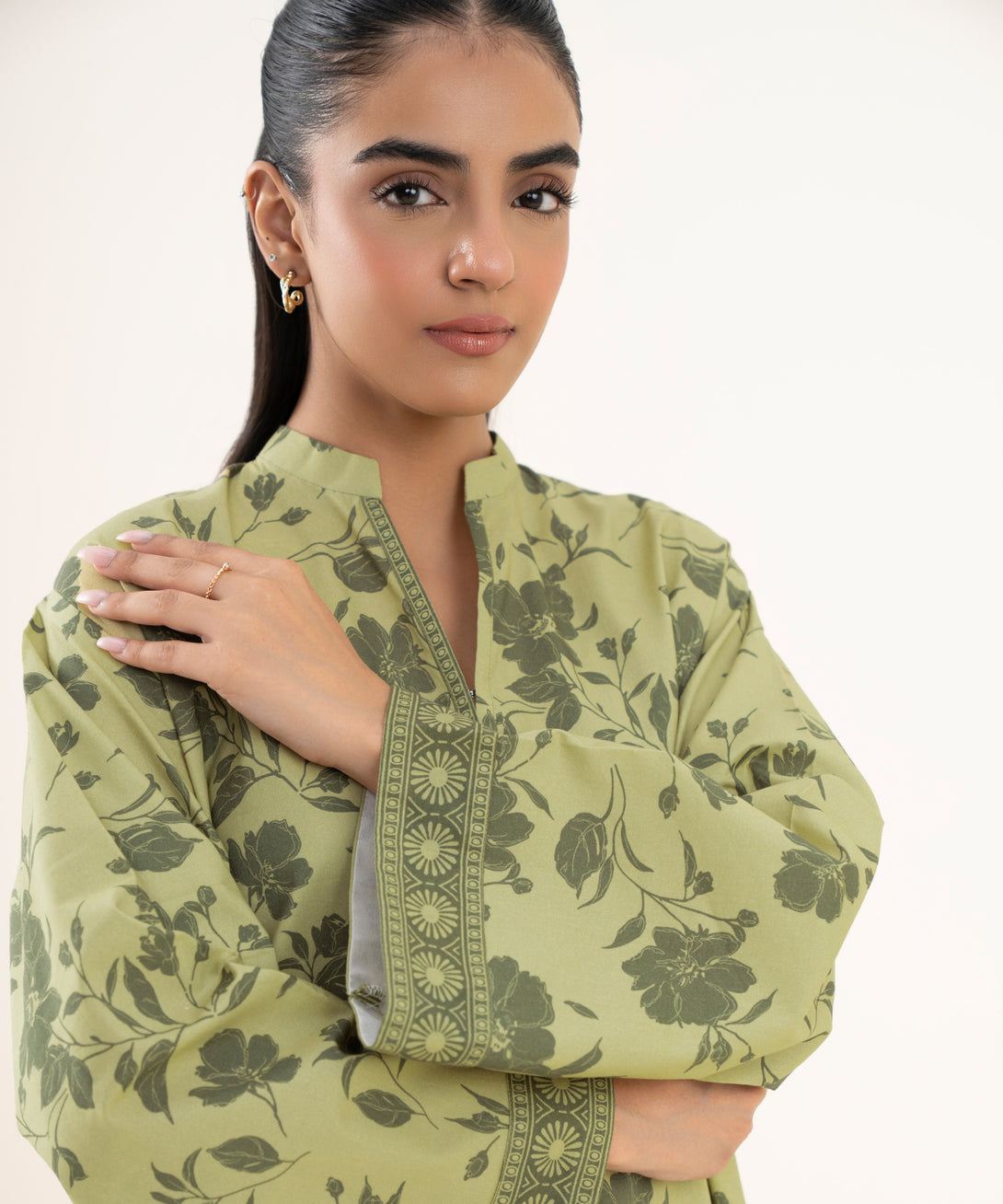 Women's Unstitched Cotton Printed Green Two Piece Suit