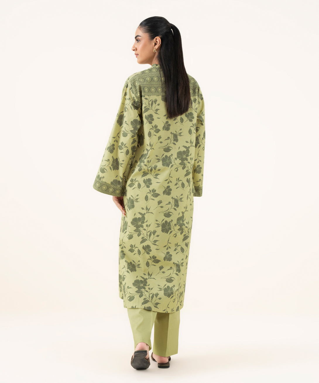 Women's Unstitched Cotton Printed Green Two Piece Suit