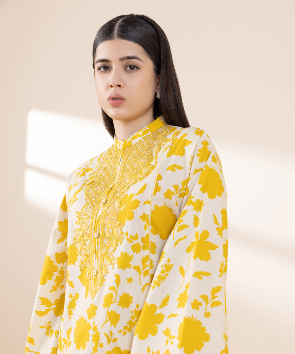 Women's Cambric Embroidered Yellow Unstitched 2 Piece Suit