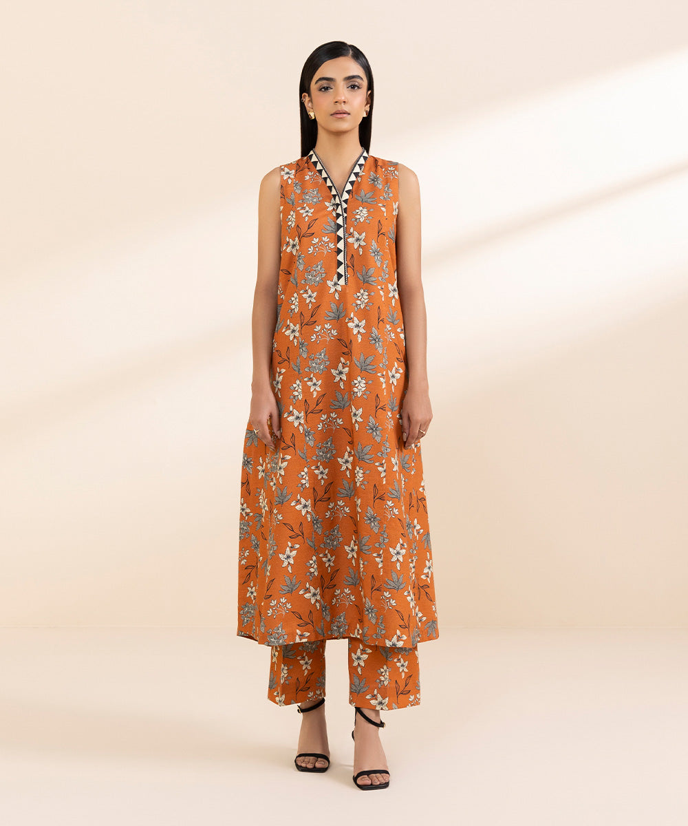 Women's Unstitched Light Khaddar Printed Orange 2 Piece Suit