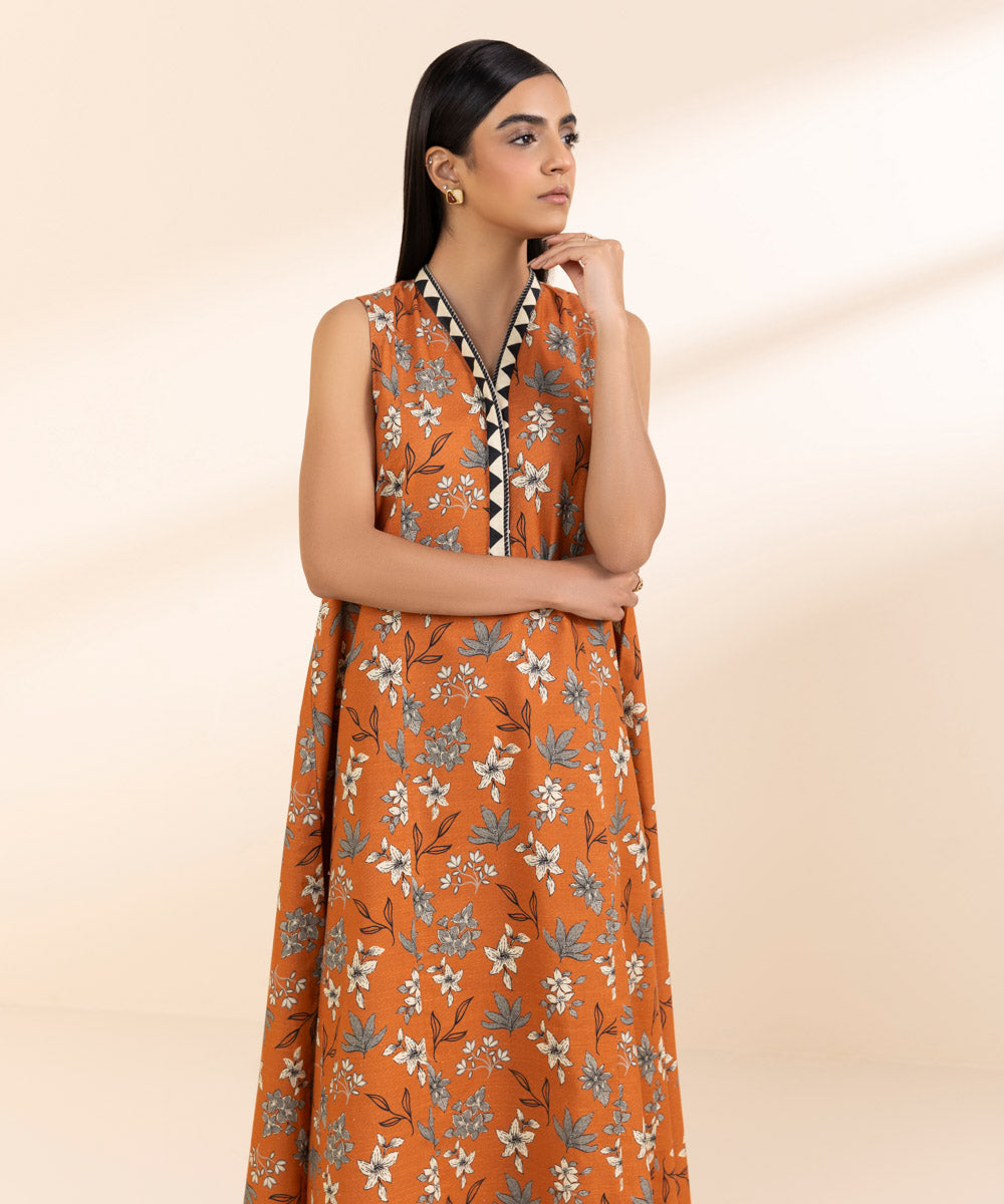 Women's Unstitched Light Khaddar Printed Orange 2 Piece Suit