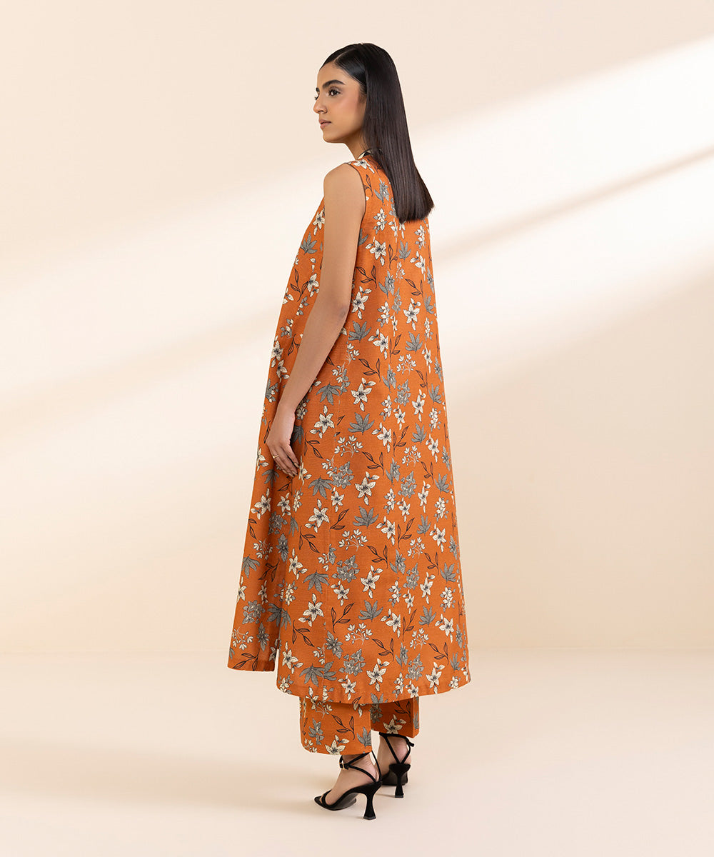 Women's Unstitched Light Khaddar Printed Orange 2 Piece Suit