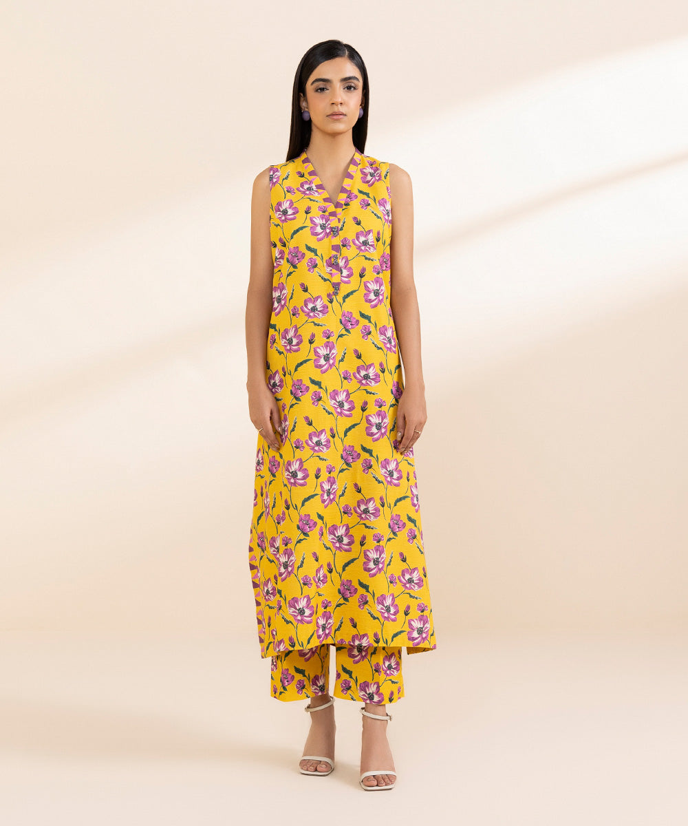 Women's Unstitched Light Khaddar Printed Yellow 2 Piece Suit