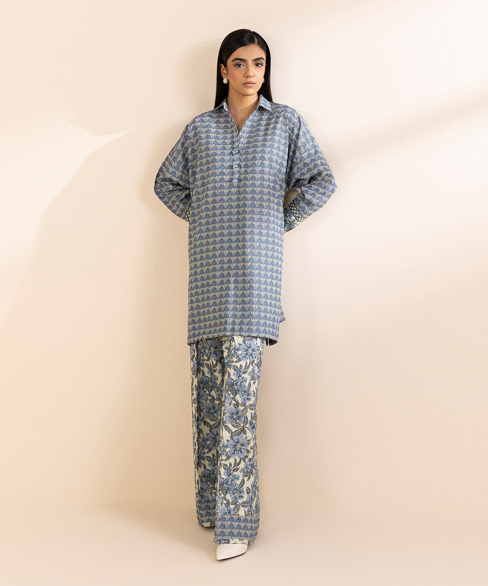 Women's Unstitched Light Khaddar Printed Blue 2 Piece Suit