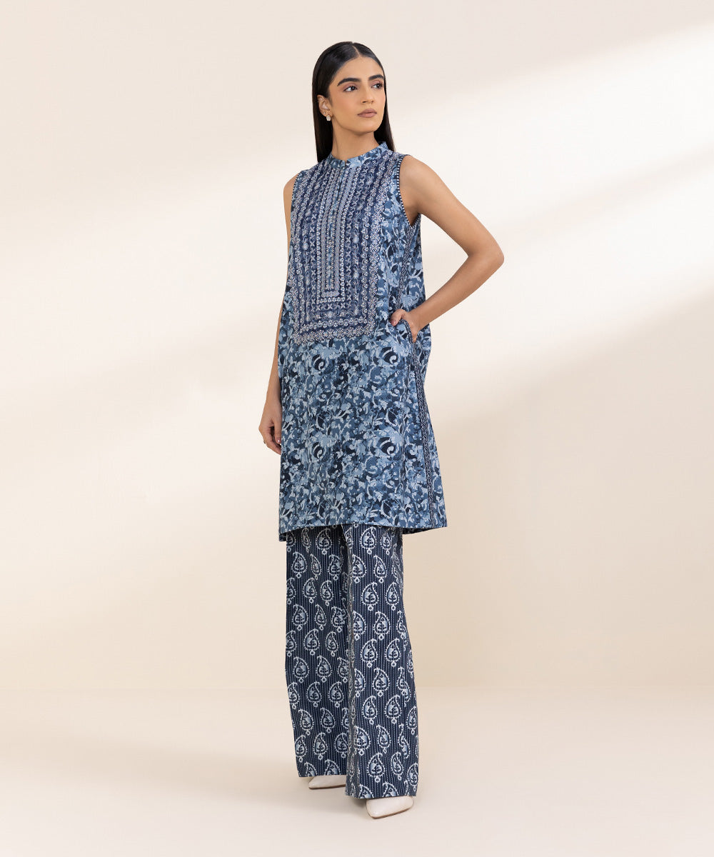 Women's Unstitched Embroidered Oxford Blue Khaddar Shirt and Trousers