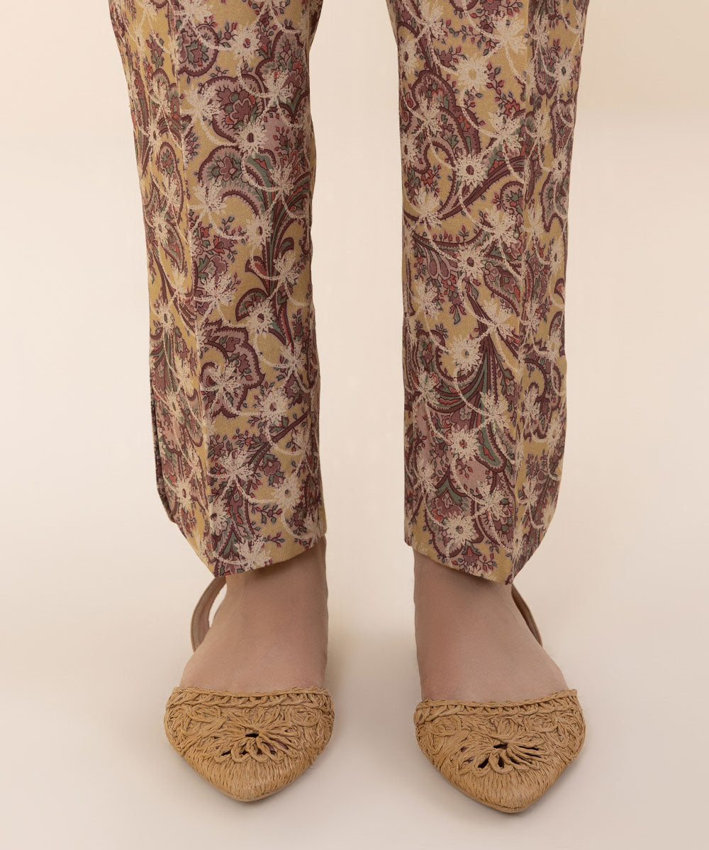 Women's Unstitched Embroidered Sand Yellow Cambric Shirt and Trousers