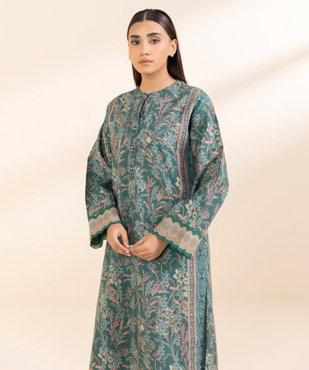 Women's Unstitched Zari Khaddar Printed Green 2 Piece Suit