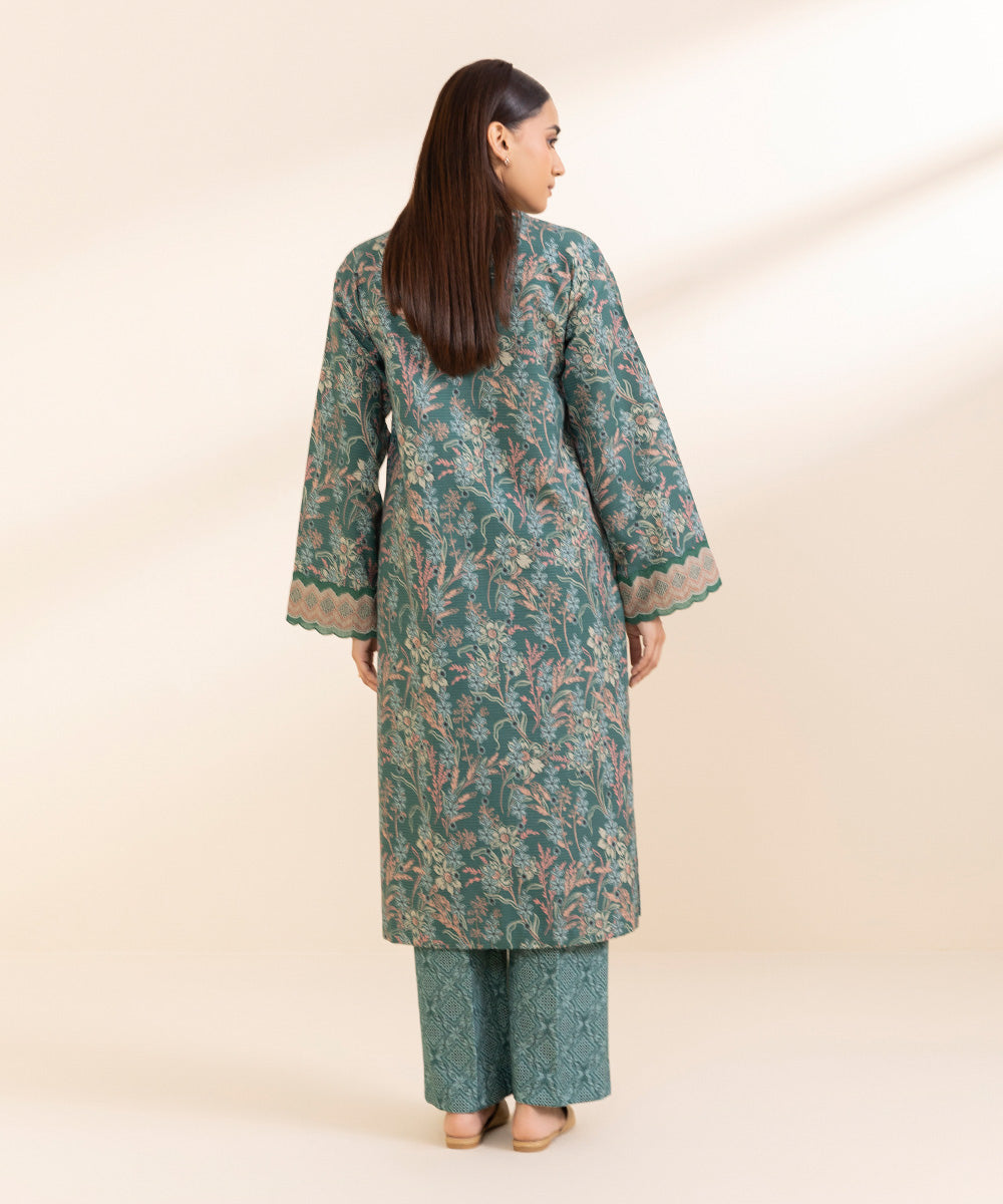 Women's Unstitched Zari Khaddar Printed Green 2 Piece Suit