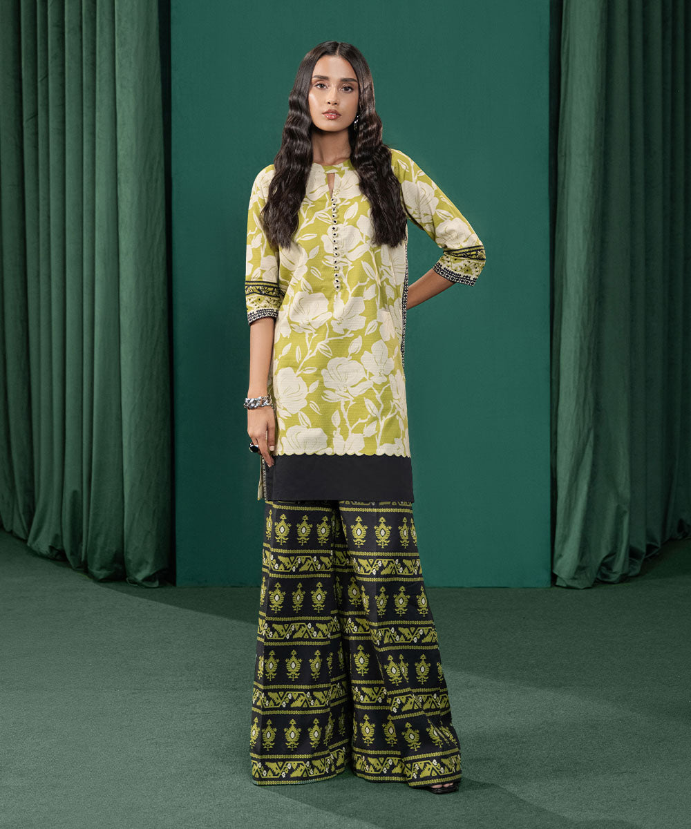 Women's Unstitched Dobby Printed Green 2 Piece Suit