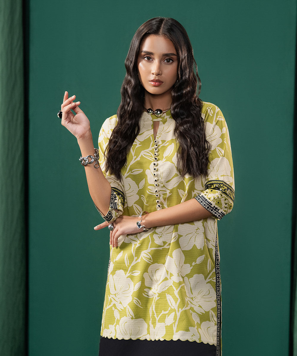 Women's Unstitched Dobby Printed Green 2 Piece Suit