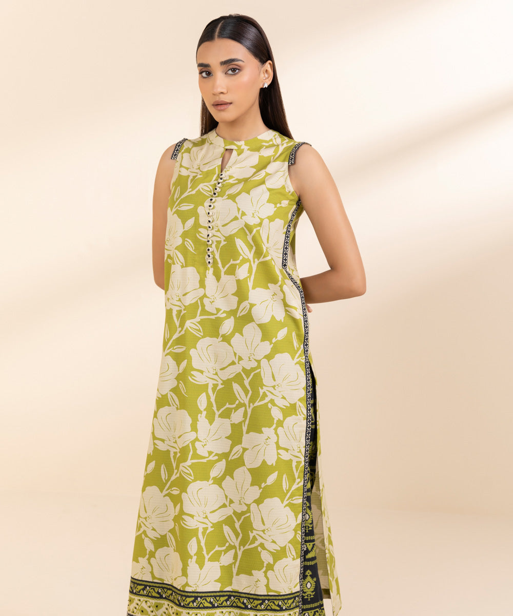 Women's Unstitched Dobby Printed Green 2 Piece Suit