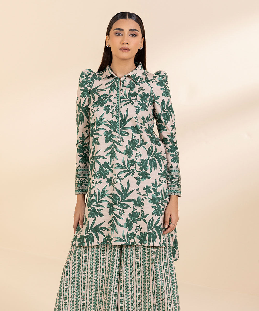 Women's Unstitched Dobby Printed Green 2 Piece Suit