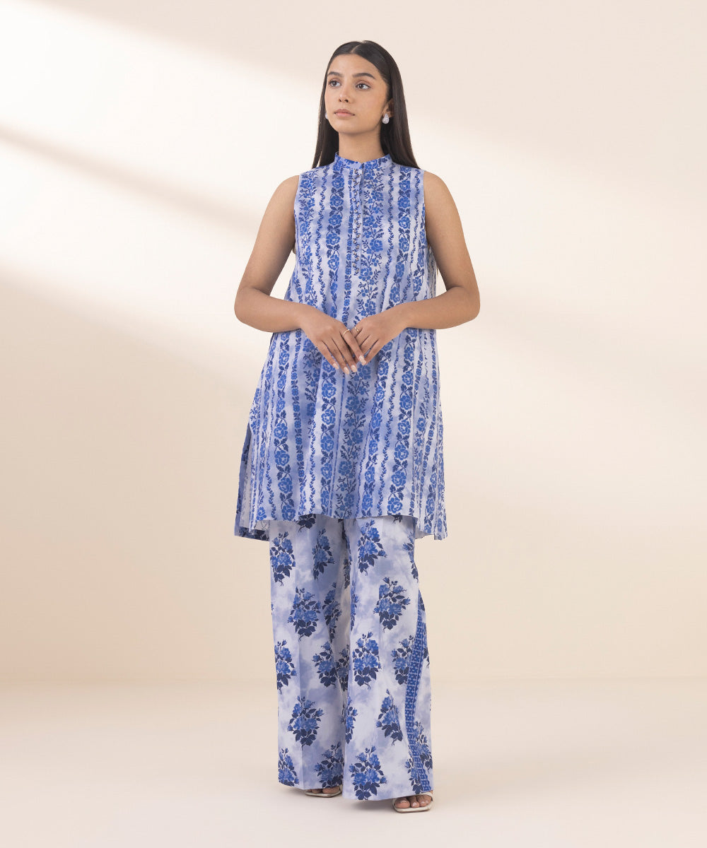 Women's Unstitched Lawn Printed Blue 2 Piece Suit