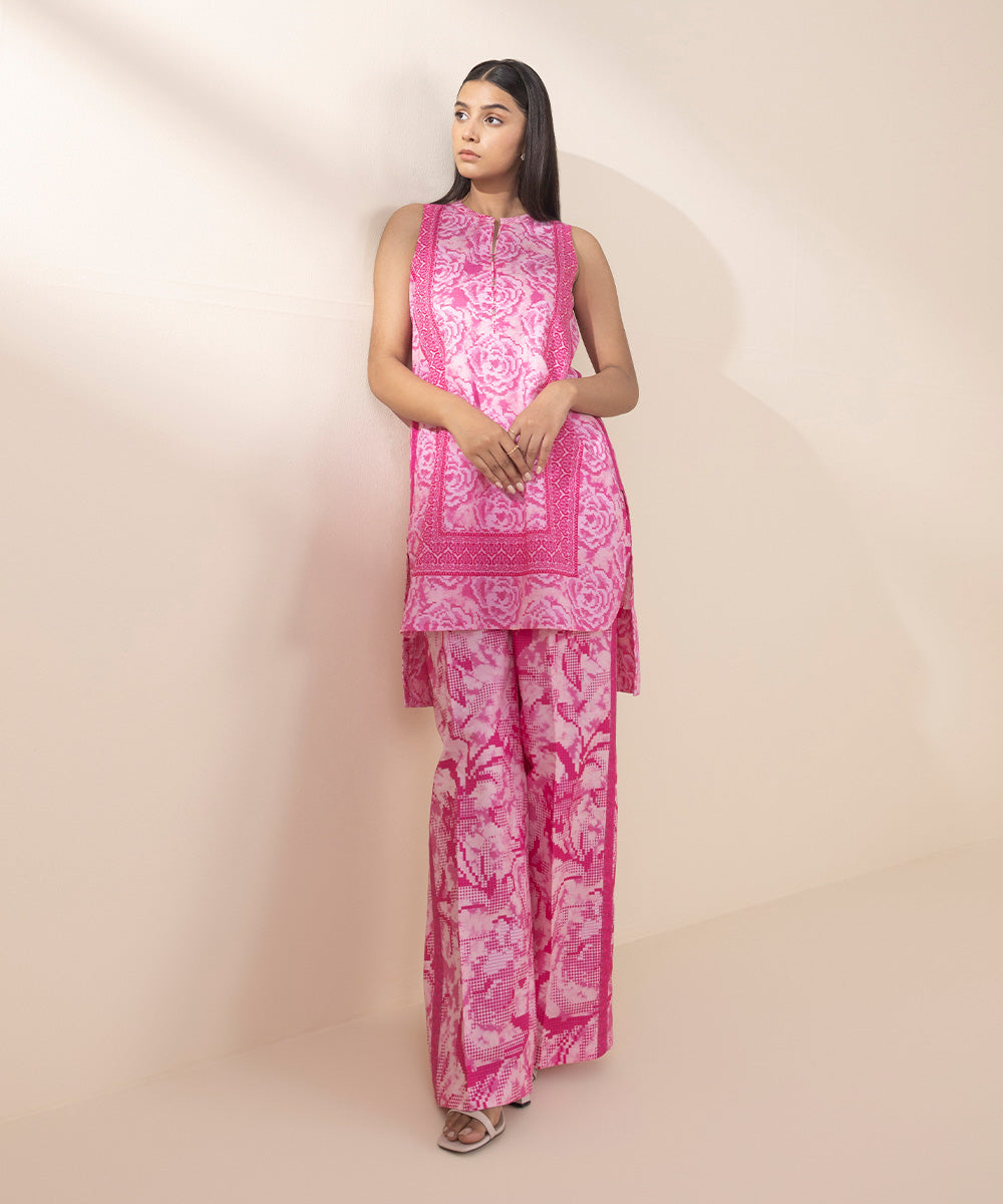 Women's Unstitched Lawn Printed Pink 2 Piece Suit