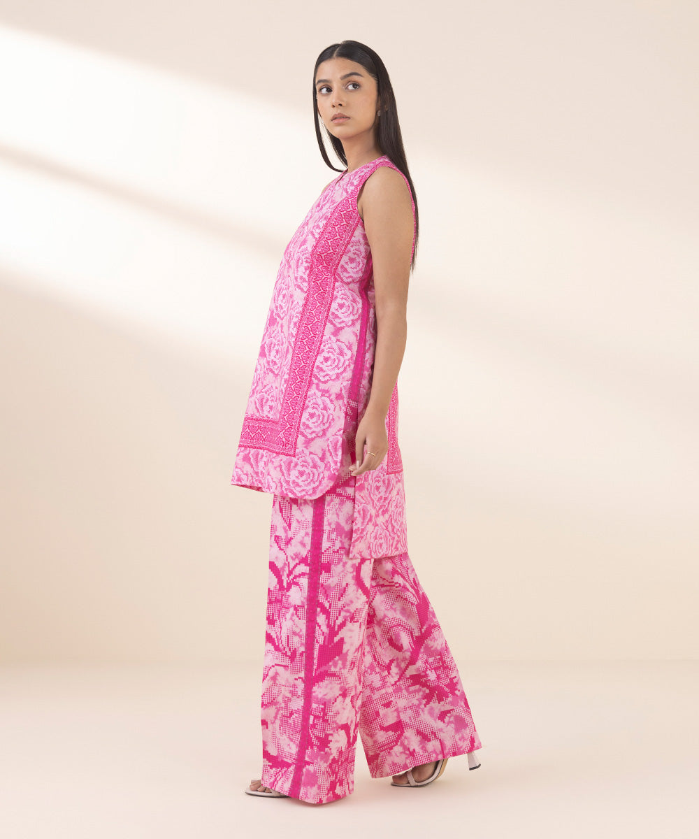 Women's Unstitched Lawn Printed Pink 2 Piece Suit