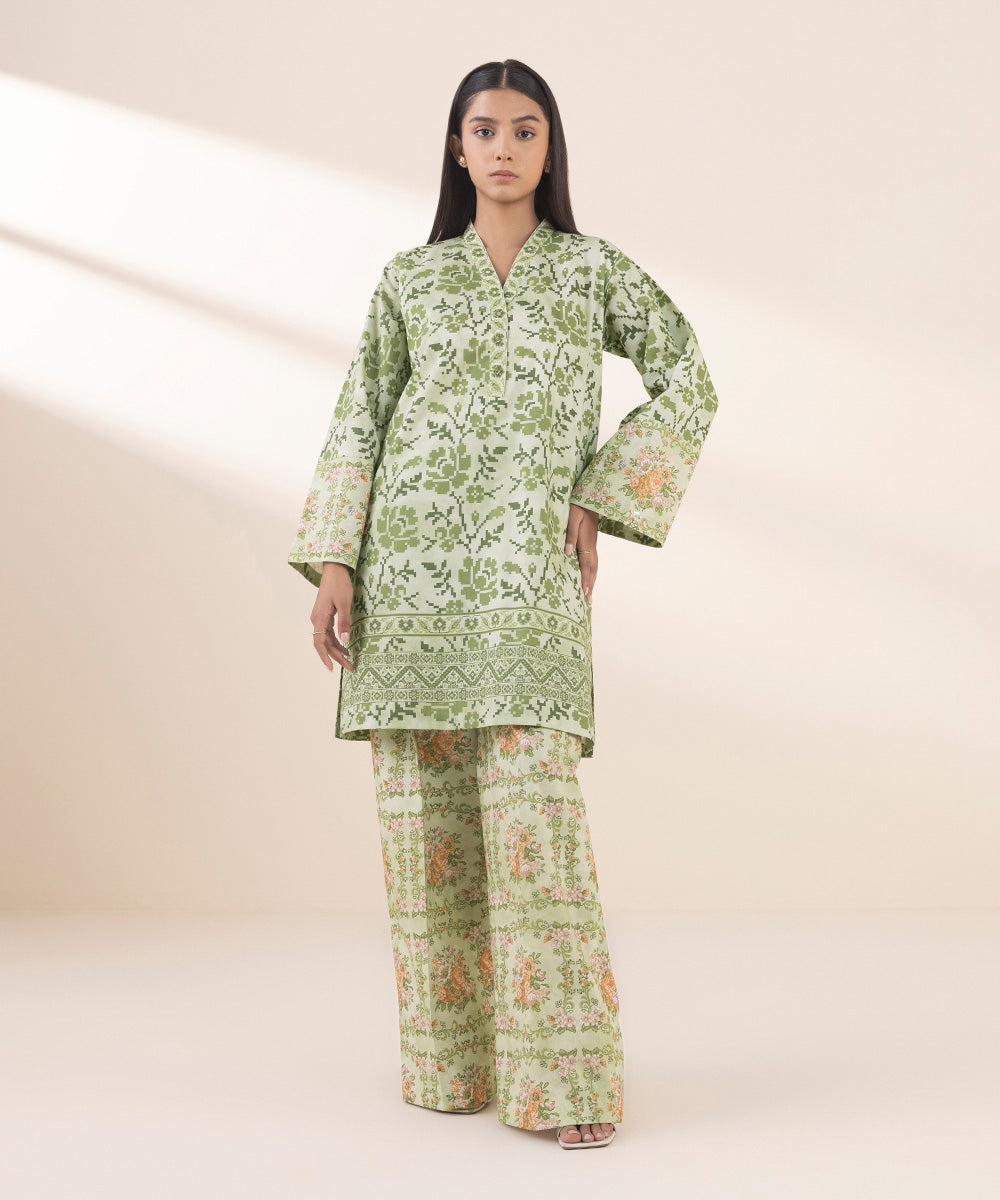 Women's Unstitched Lawn Printed Green 2 Piece Suit