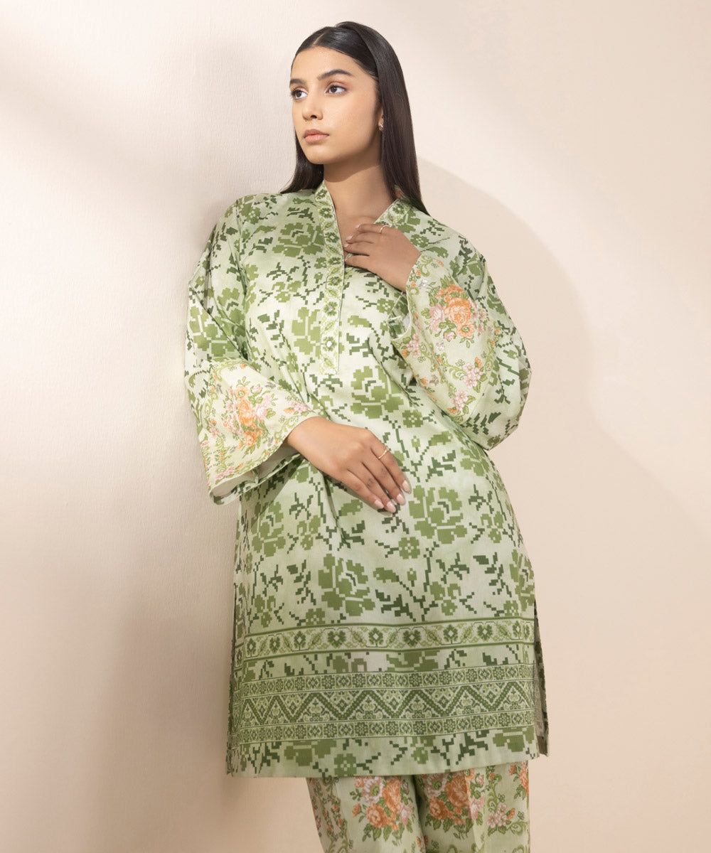 Women's Unstitched Lawn Printed Green 2 Piece Suit