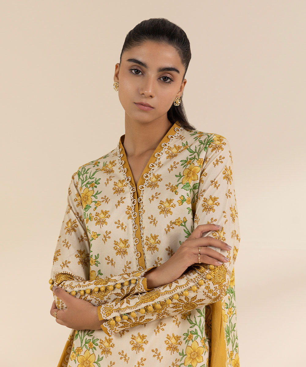 Women's Unstitched Lawn Printed Yellow 2 Piece Suit