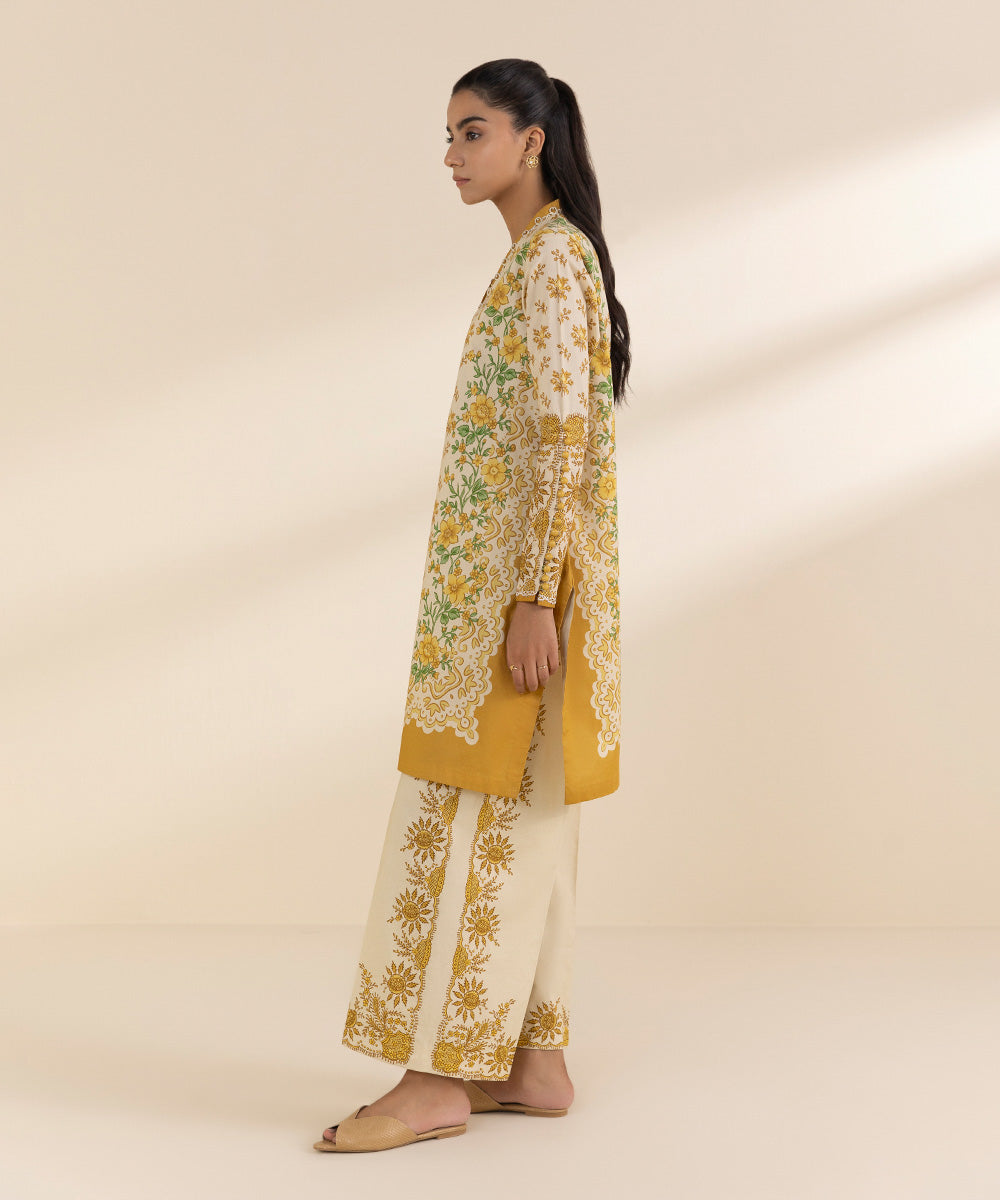 Women's Unstitched Lawn Printed Yellow 2 Piece Suit