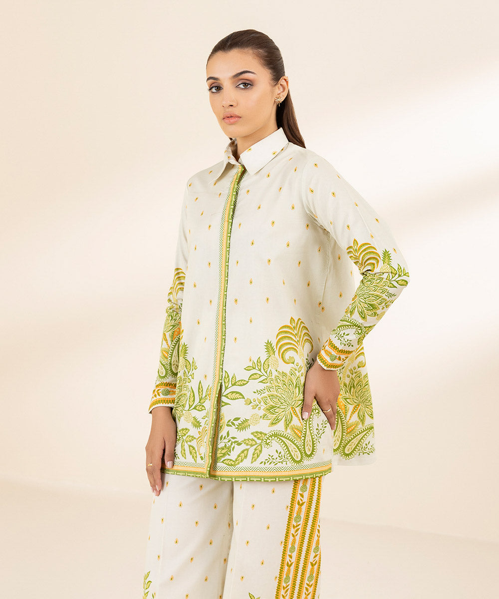 Unstitched Women's Off White Lawn Printed Shirt Trousers