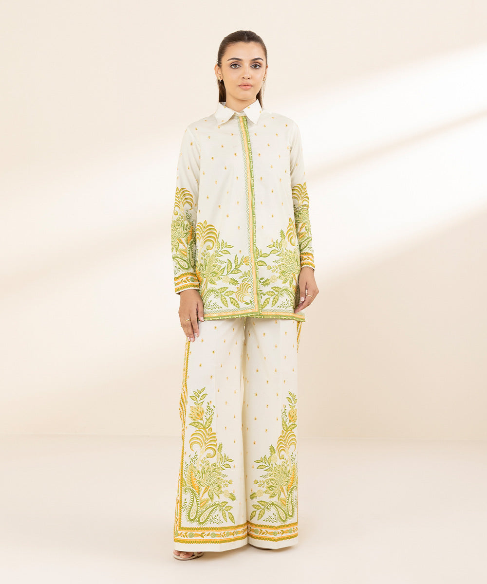 Unstitched Women's Off White Lawn Printed Shirt Trousers