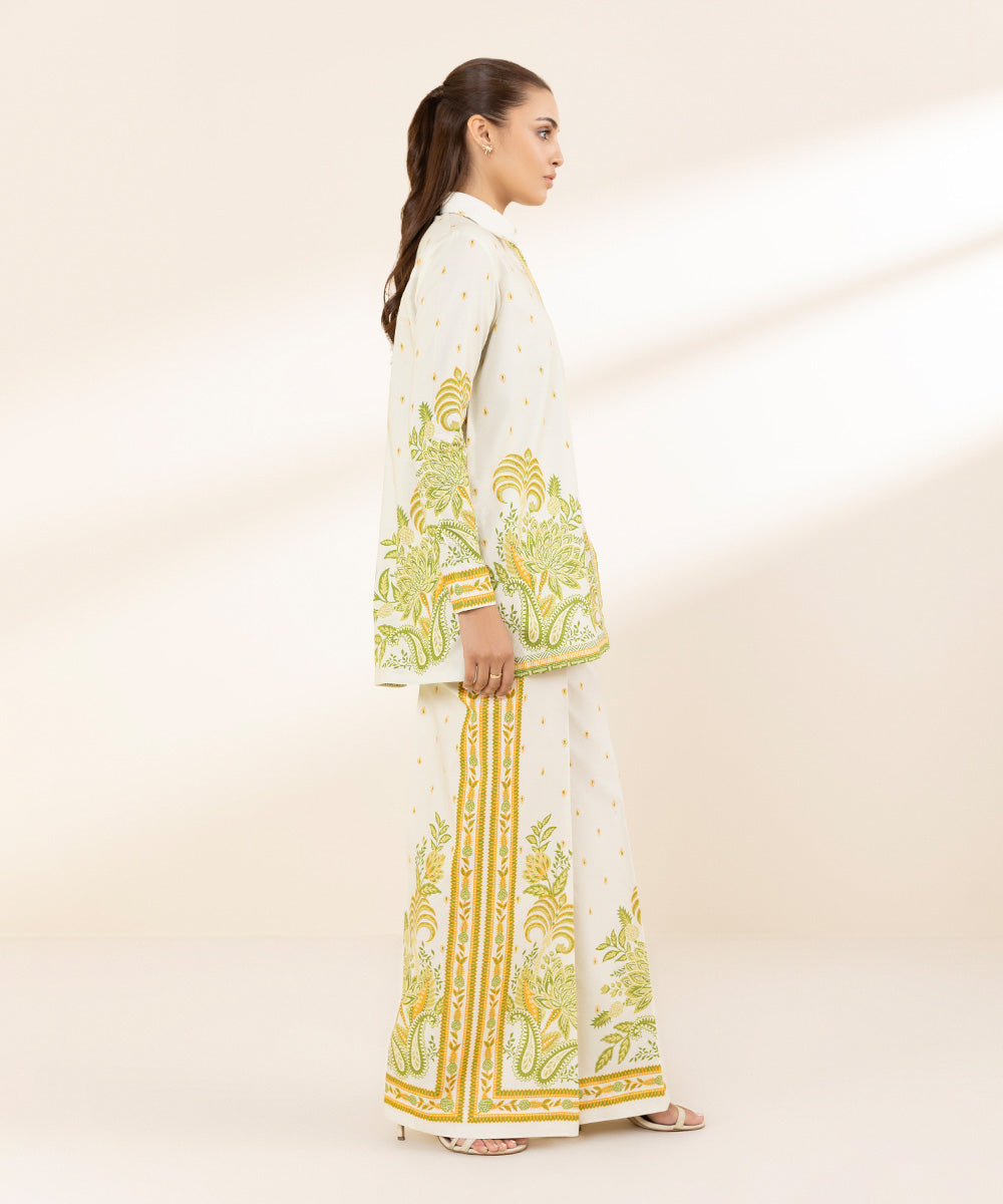 Unstitched Women's Off White Lawn Printed Shirt Trousers