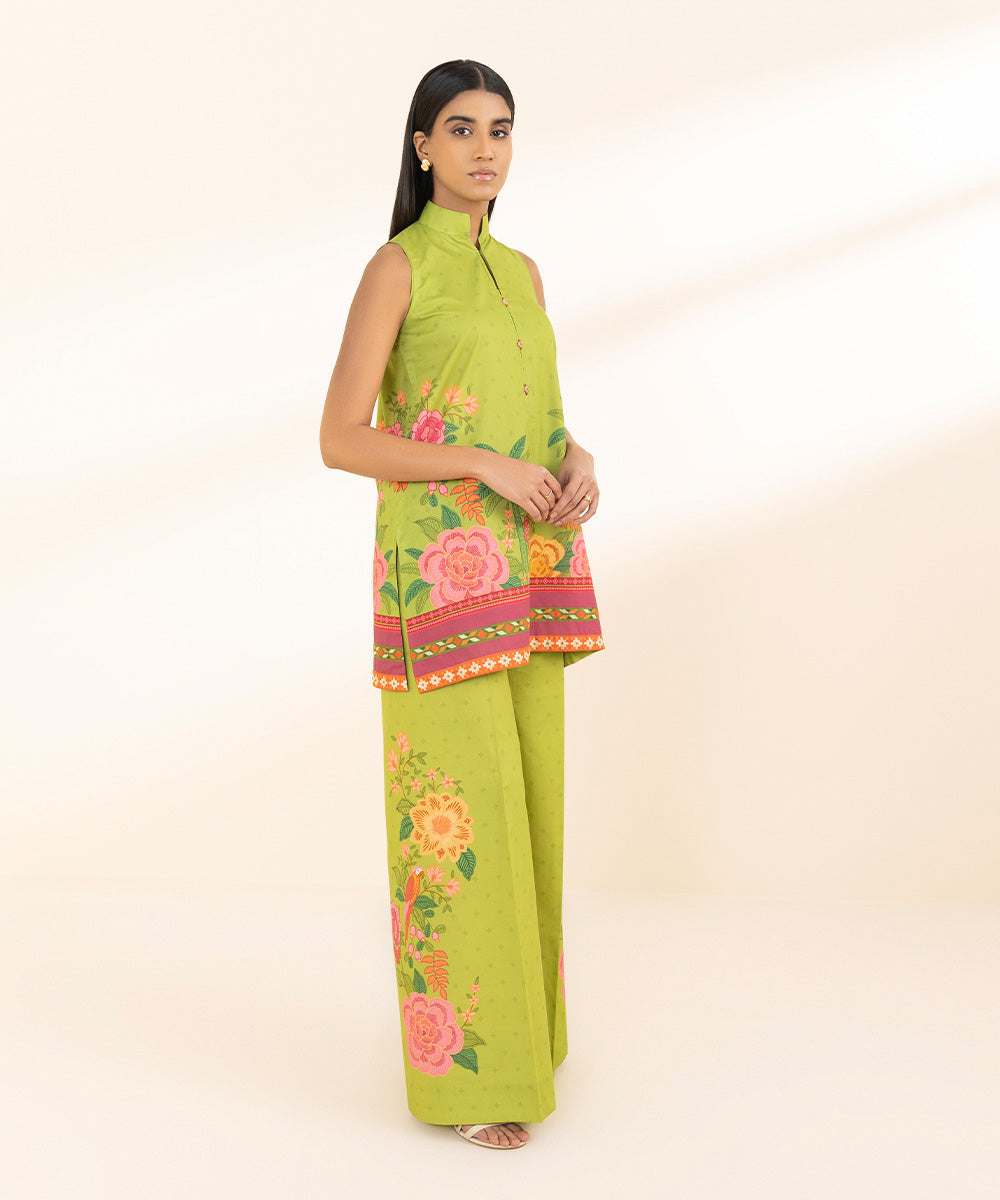 Unstitched Women's Printed Lawn Green Two Piece Suit 