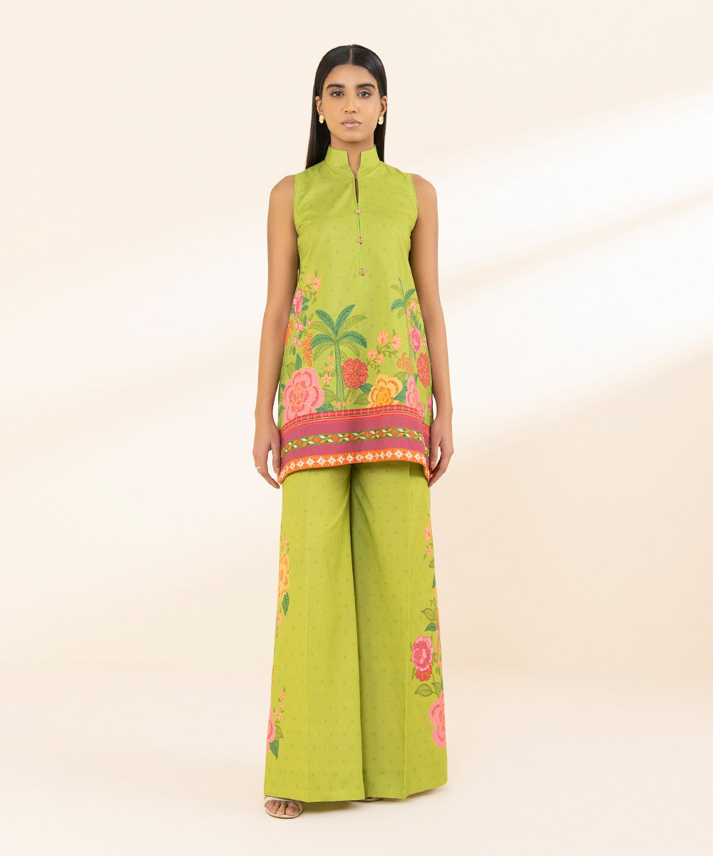 Unstitched Women's Printed Lawn Green Two Piece Suit 