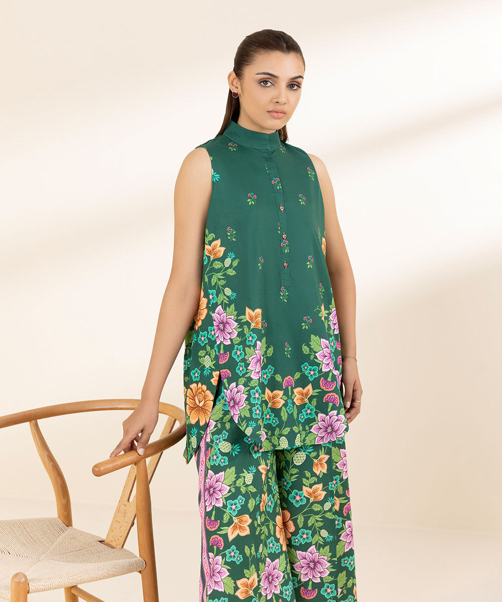 Unstitched Women's Printed Lawn Green Two Piece Suit 