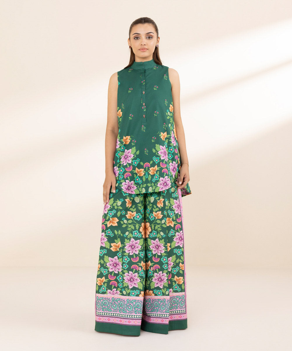 Unstitched Women's Printed Lawn Green Two Piece Suit 