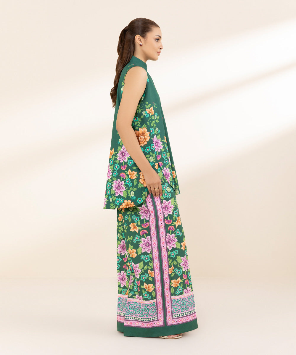 Unstitched Women's Printed Lawn Green Two Piece Suit 