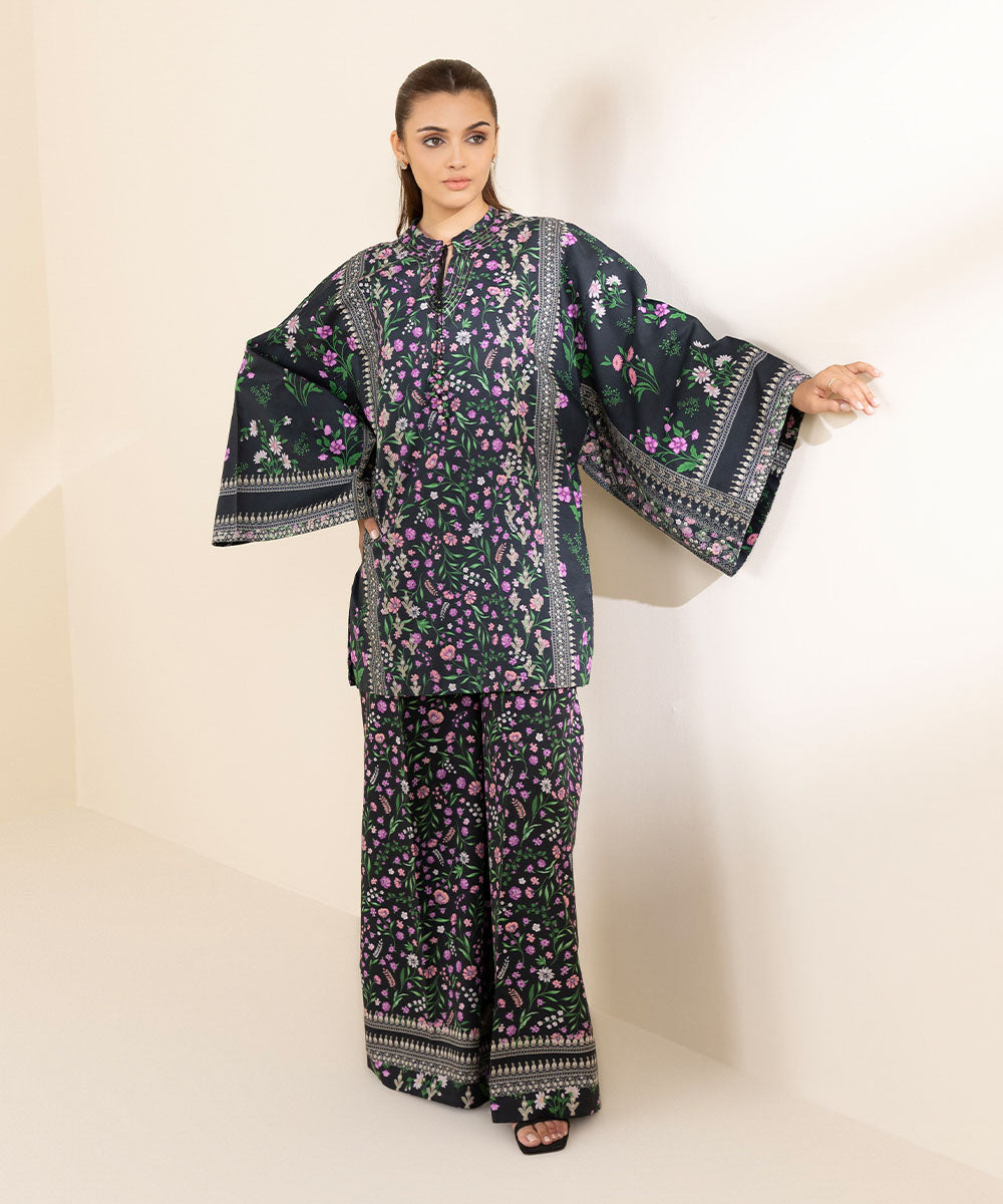 Unstitched Women's Printed Lawn Black Two Piece Suit 